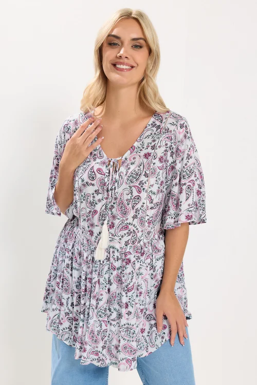 Yours Curve White Paisley Embellished Tie Neck Top - 26-28 Image 1