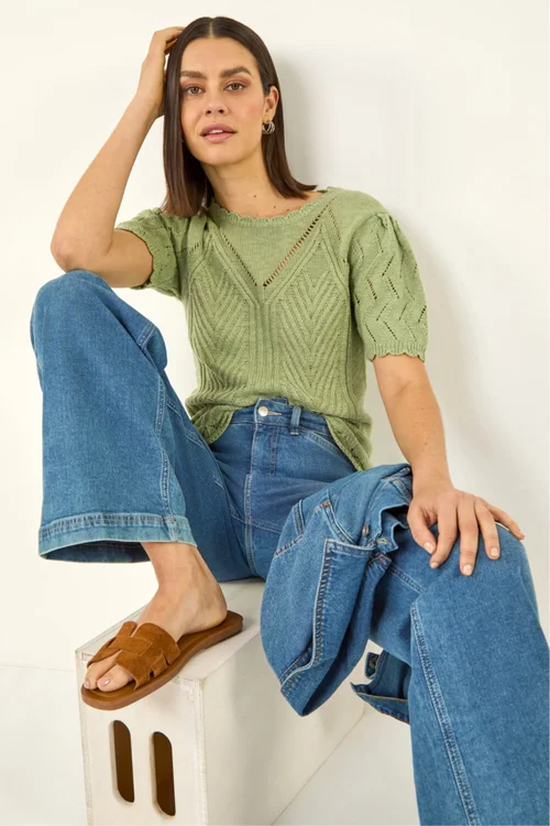 Roman Khaki Scallop Puff Sleeve Knit Top - 10 Image 1