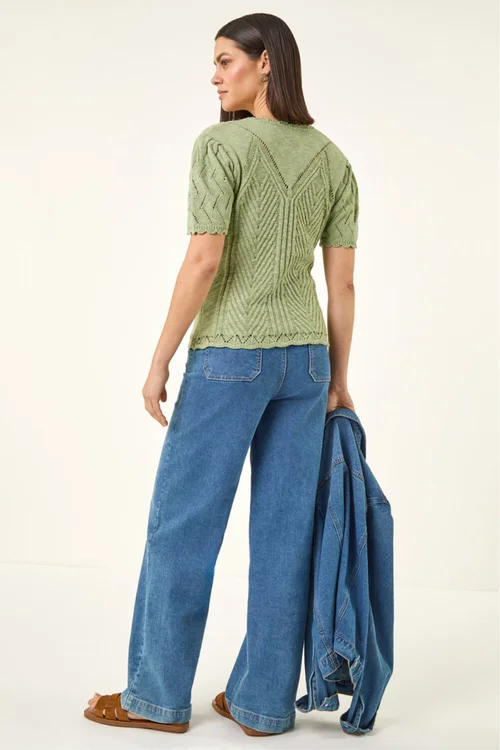 Roman Khaki Scallop Puff Sleeve Knit Top - 10 Image 3
