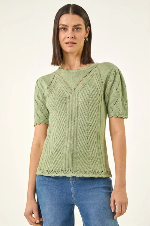 Roman Khaki Scallop Puff Sleeve Knit Top - 10 Image 4