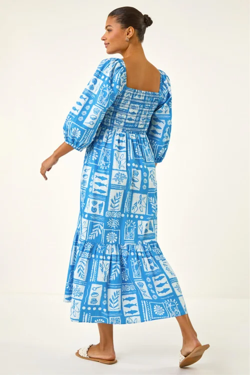 Roman Blue Seashell Tile Shirred Midi Dress - 14 Image 3