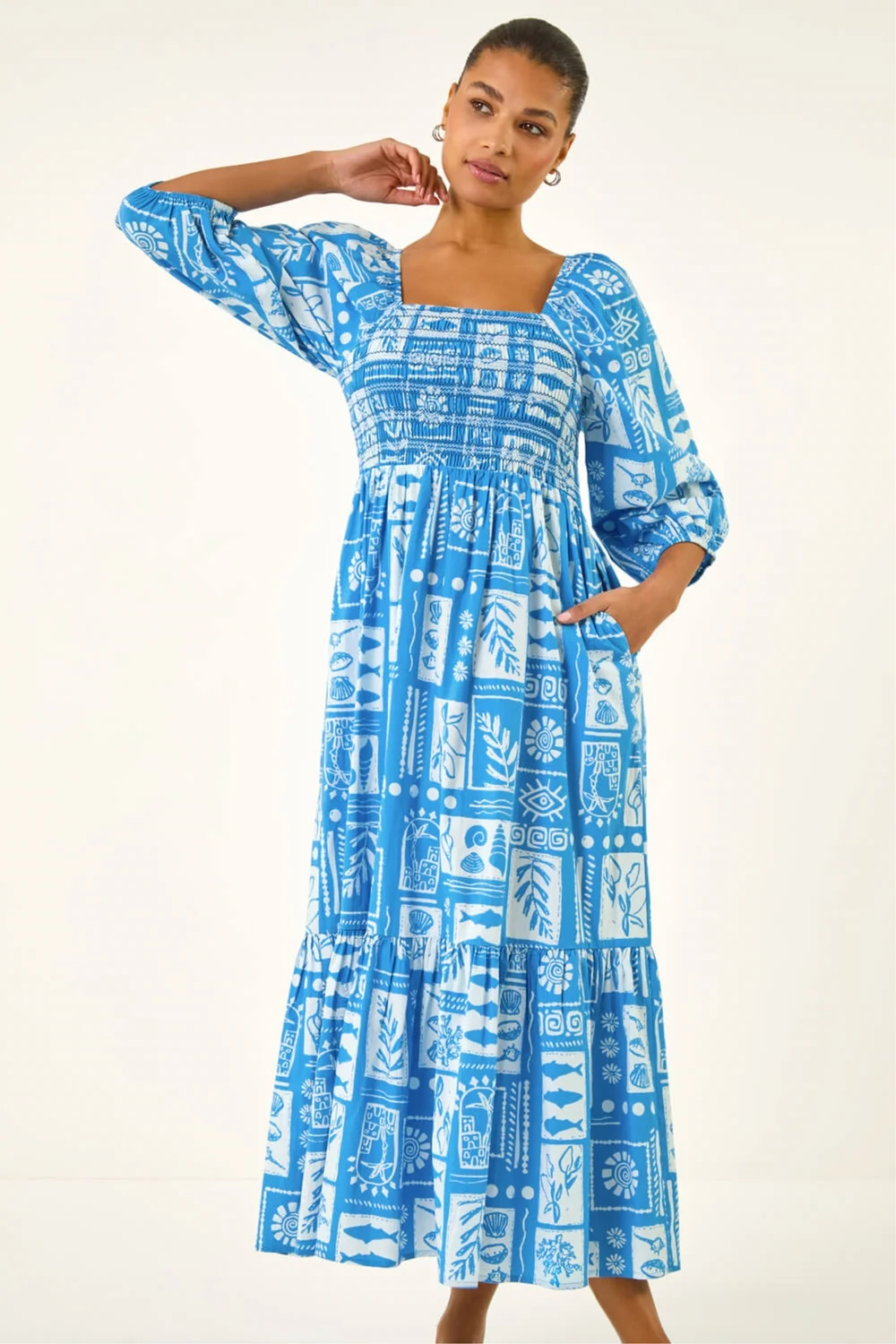 Roman Blue Seashell Tile Shirred Midi Dress - 14 Image 4