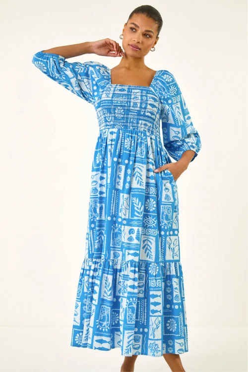 Roman Blue Seashell Tile Shirred Midi Dress - 14 Image 4