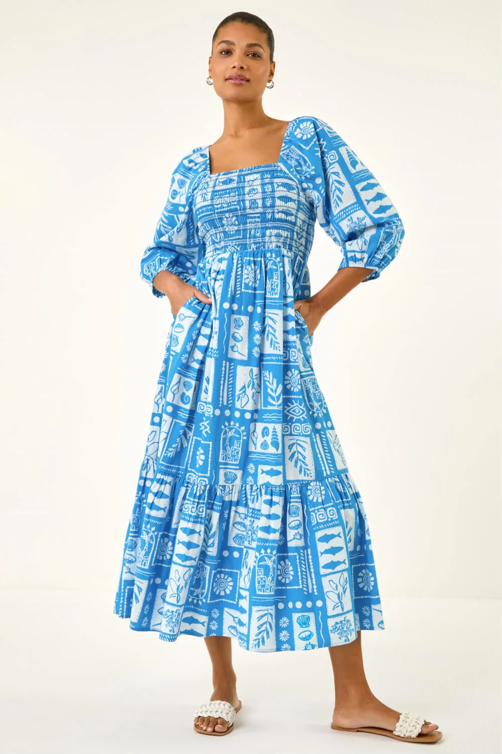Roman Blue Seashell Tile Shirred Midi Dress - 14 Image 2