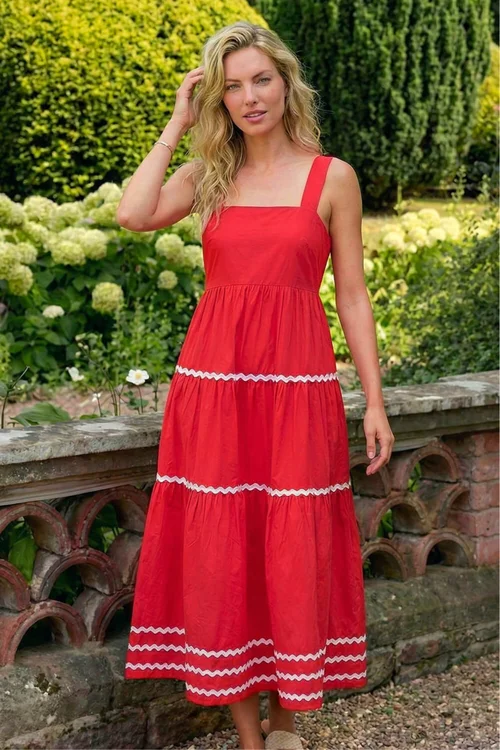 Roman Coral Ric Rac Tiered Midi Dress - 16 Image 2