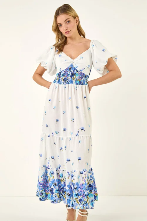 Dusk Blue Floral Print Puff Sleeve Midi Dress - One Size Image 4