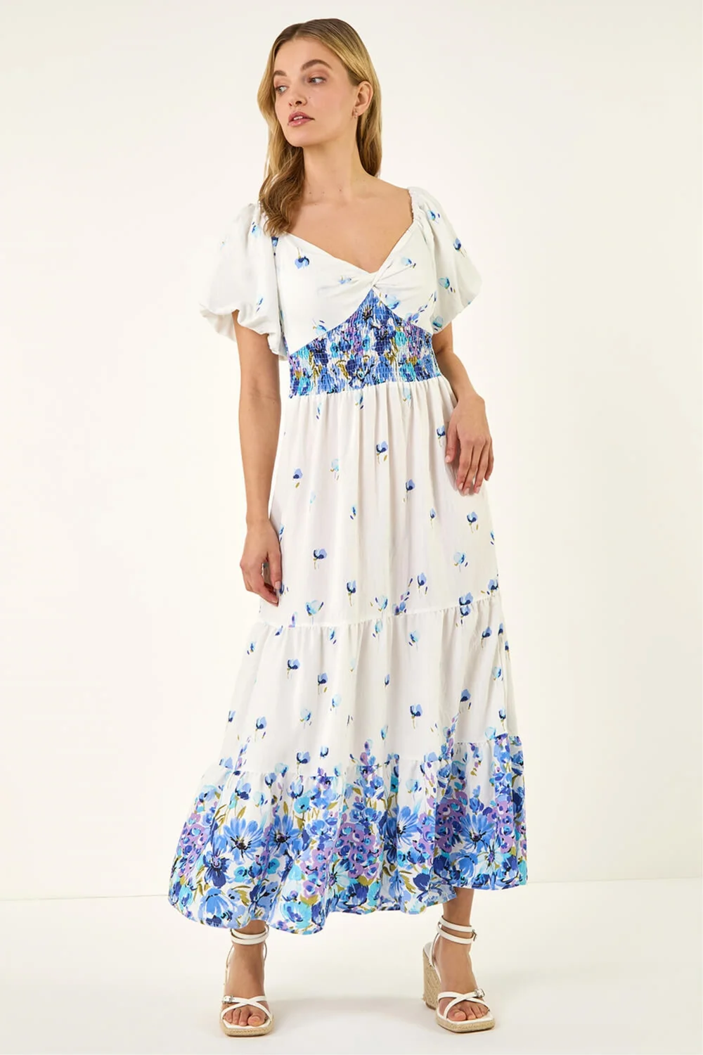 Dusk Blue Floral Print Puff Sleeve Midi Dress - One Size Image 2