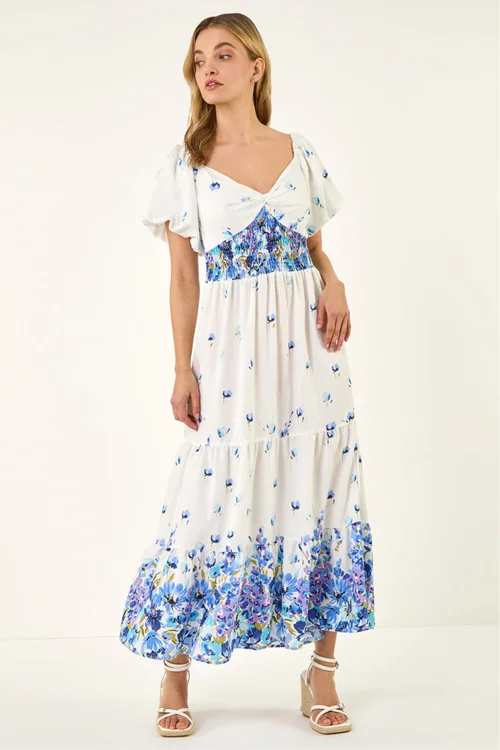 Dusk Blue Floral Print Puff Sleeve Midi Dress - One Size Image 2