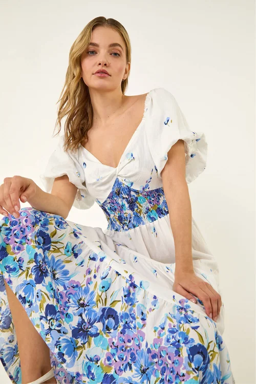 Dusk Blue Floral Print Puff Sleeve Midi Dress - One Size Image 1