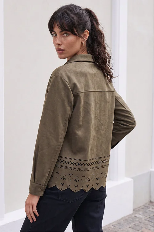 Roman Khaki Faux Suede Cut Out Shacket - 16 Image 4