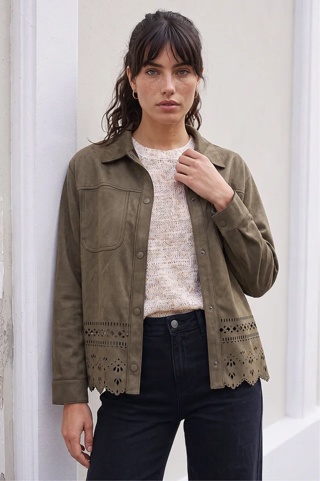 Roman Khaki Faux Suede Cut Out Shacket