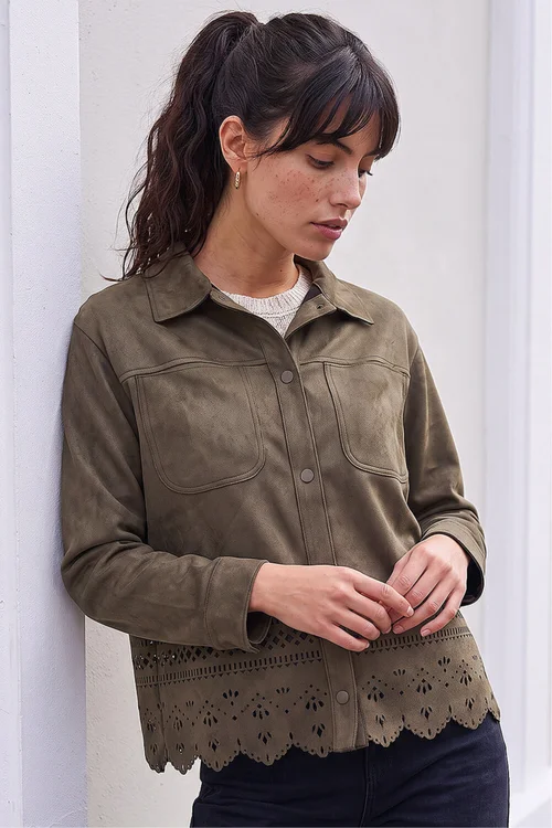 Roman Khaki Faux Suede Cut Out Shacket - 16 Image 3