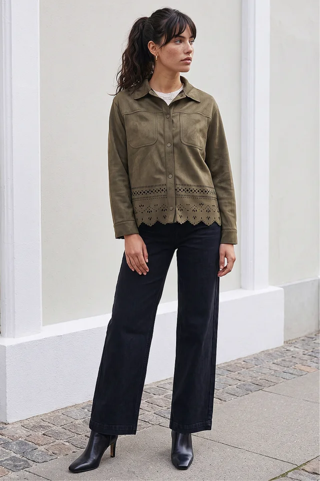 Roman Khaki Faux Suede Cut Out Shacket
