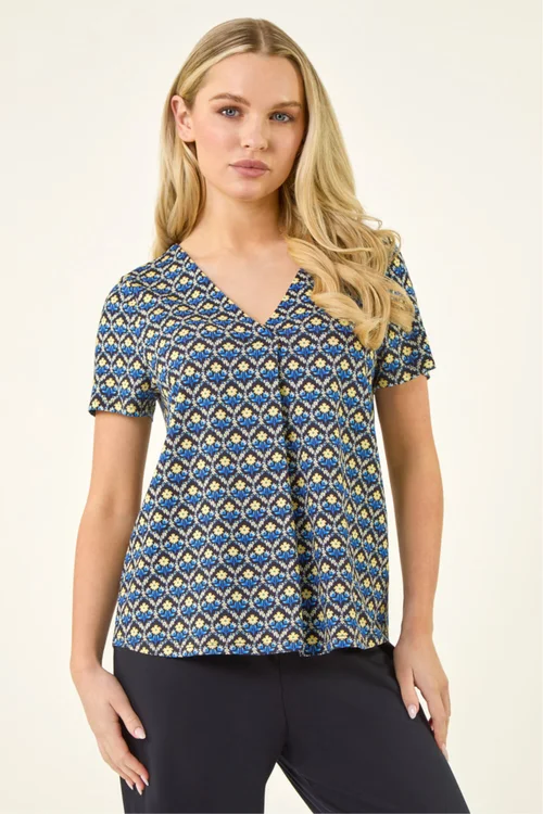 Roman Navy Petite Abstract V-Neck Stretch Top - 14 Image 1