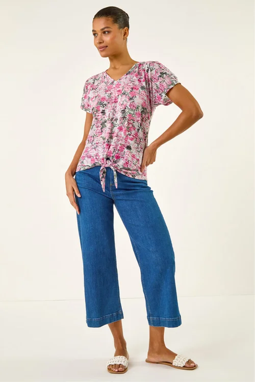 Roman Pink Floral Print Burnout Tie Top - 20 Image 3