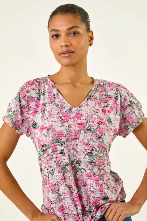 Roman Pink Floral Print Burnout Tie Top - 20 Image 4