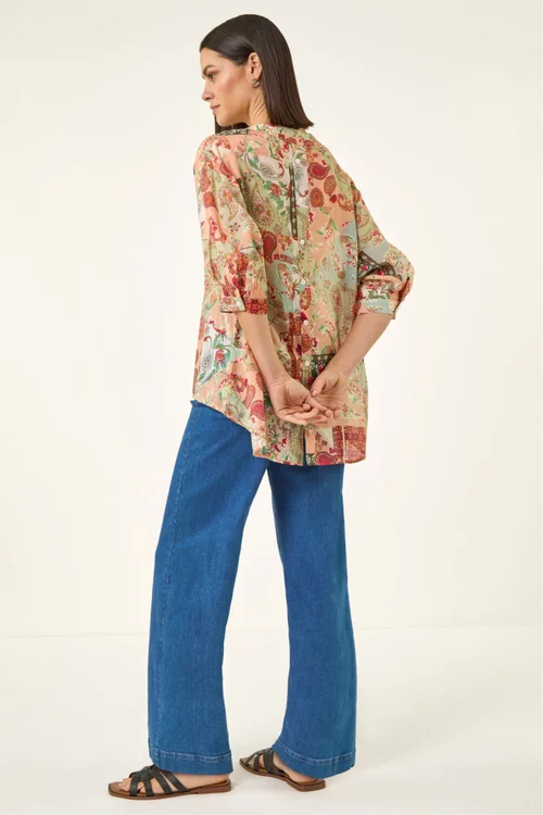 Roman Orange Paisley Print V-Neck Blouse - 20 Image 3