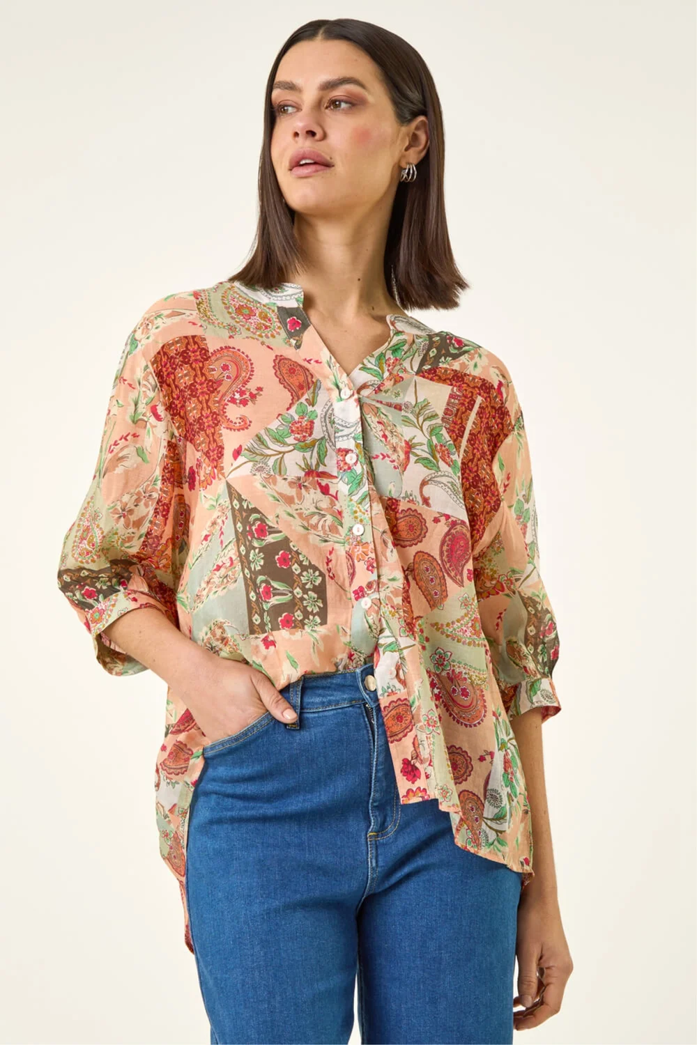 Roman Orange Paisley Print V-Neck Blouse - 20 Image 4