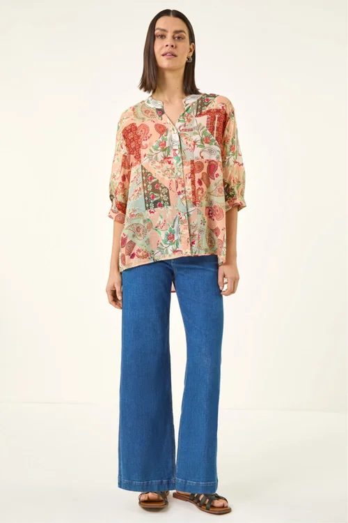 Roman Orange Paisley Print V-Neck Blouse - 20 Image 2