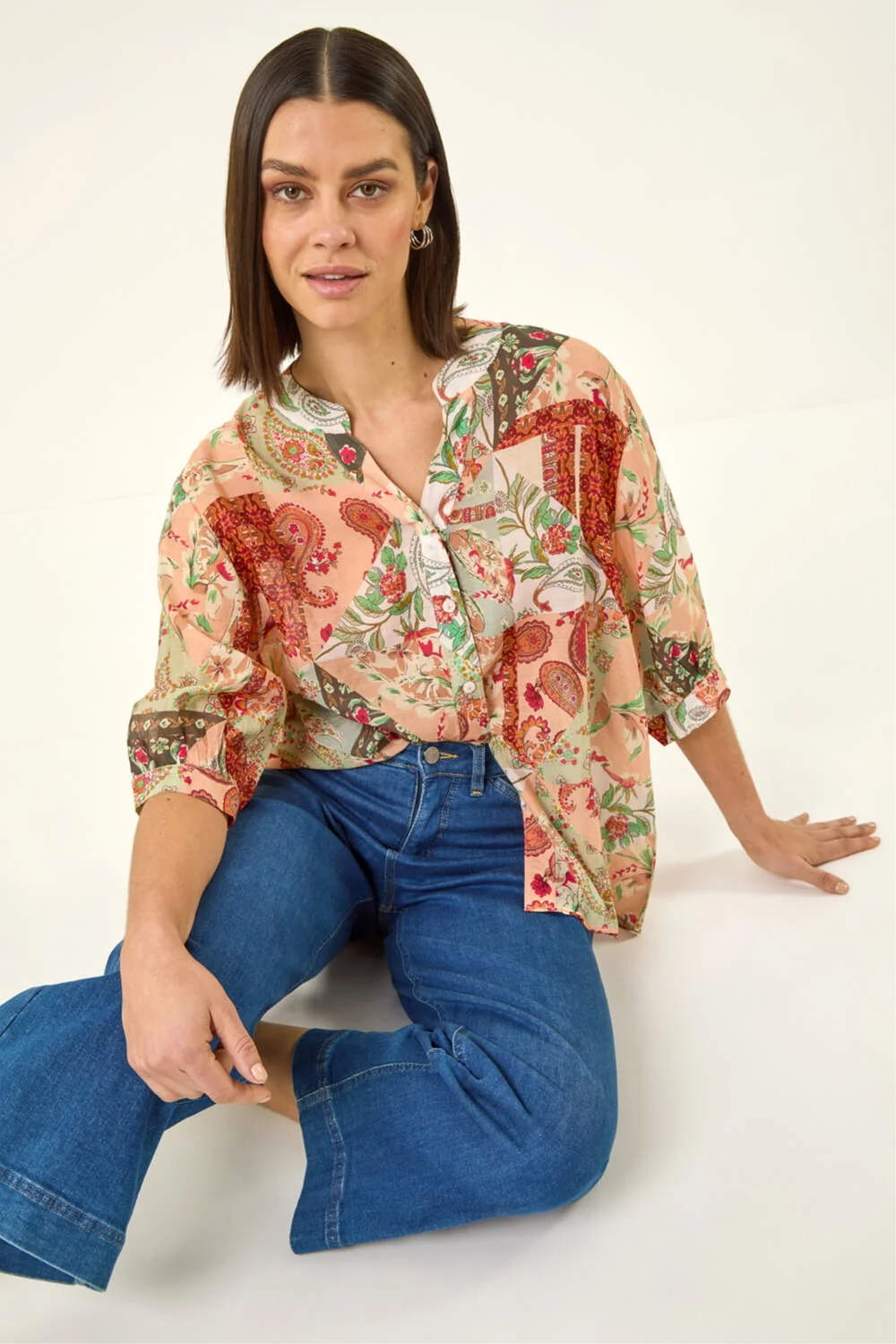 Roman Orange Paisley Print V-Neck Blouse - 20 Image 1