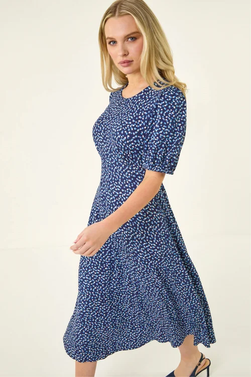 Roman Navy Petite Abstract Stretch Midi Dress - 14 Image 1