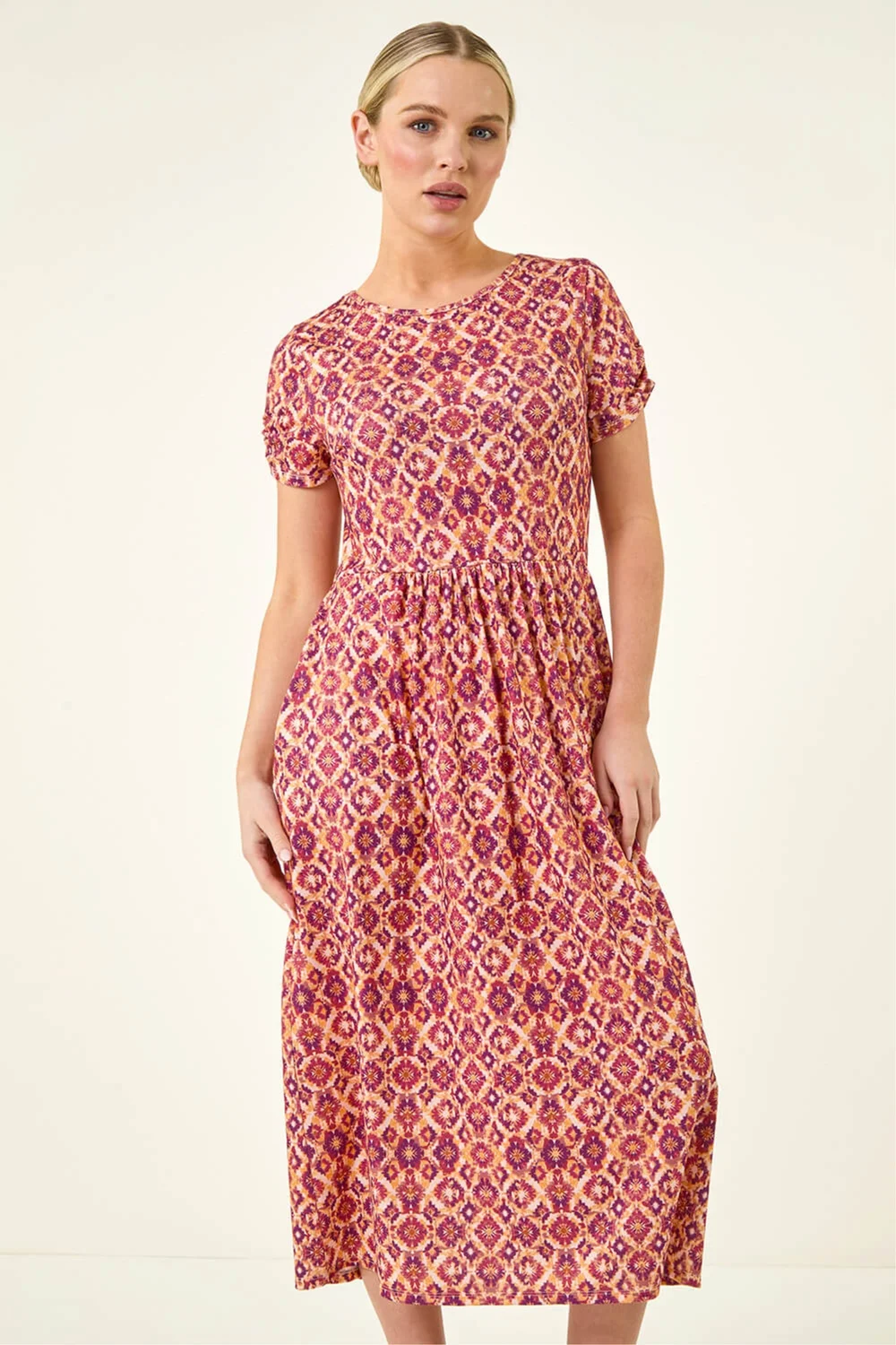 Roman Orange Petite Abstract Gathered Waist Dress - 16 Image 4