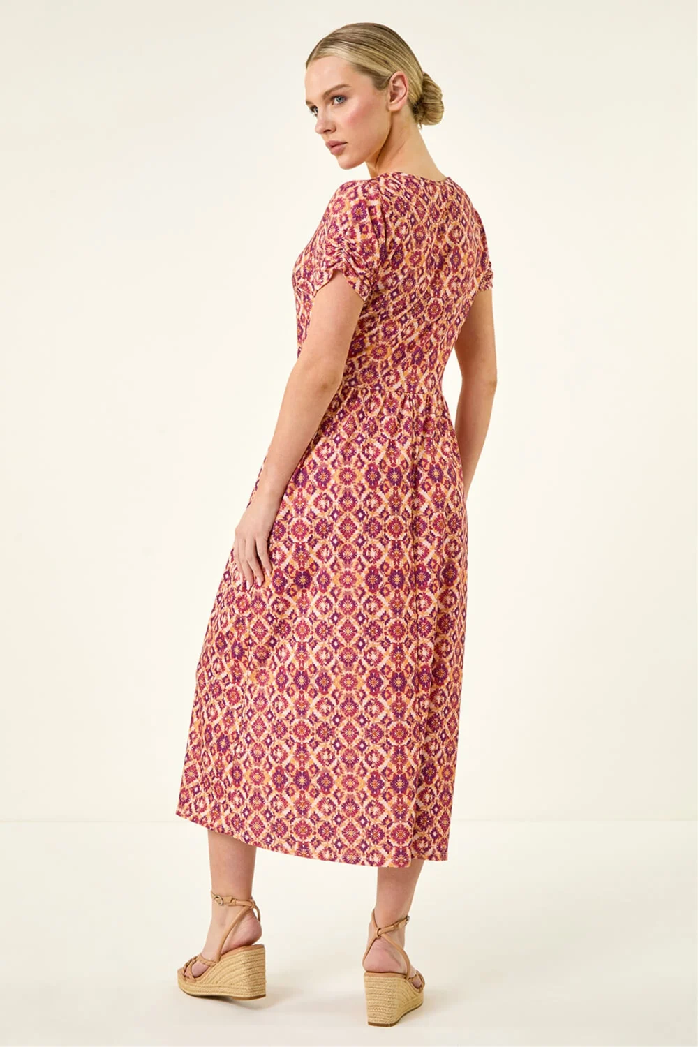 Roman Orange Petite Abstract Gathered Waist Dress - 16 Image 3