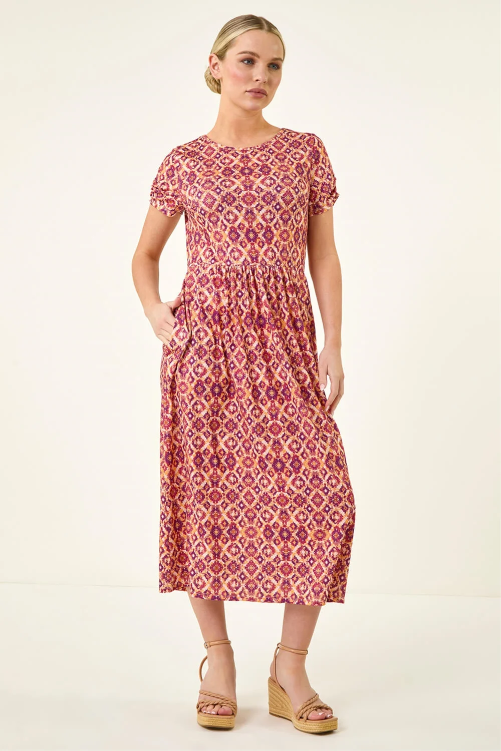 Roman Orange Petite Abstract Gathered Waist Dress - 16 Image 2