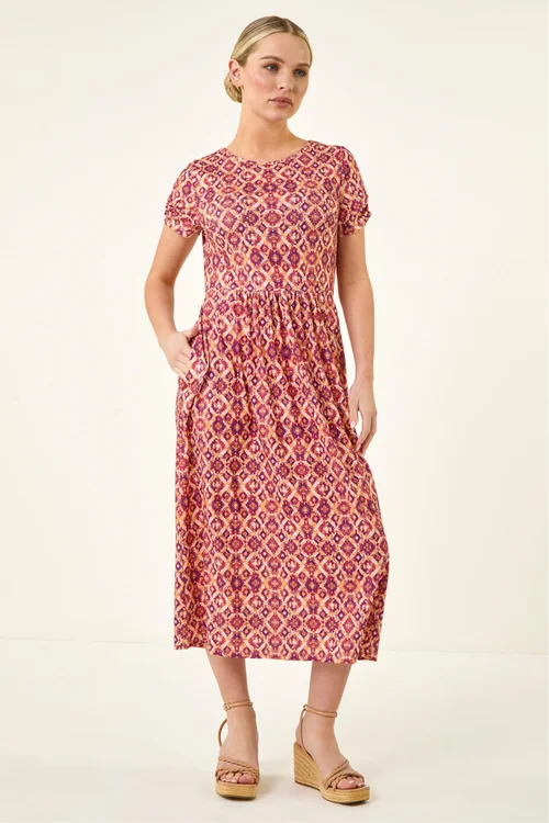 Roman Orange Petite Abstract Gathered Waist Dress - 16 Image 2