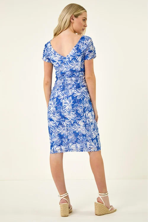 Roman Royal Blue Petite Lace Print Gathered Stretch Dress - 12 Image 3