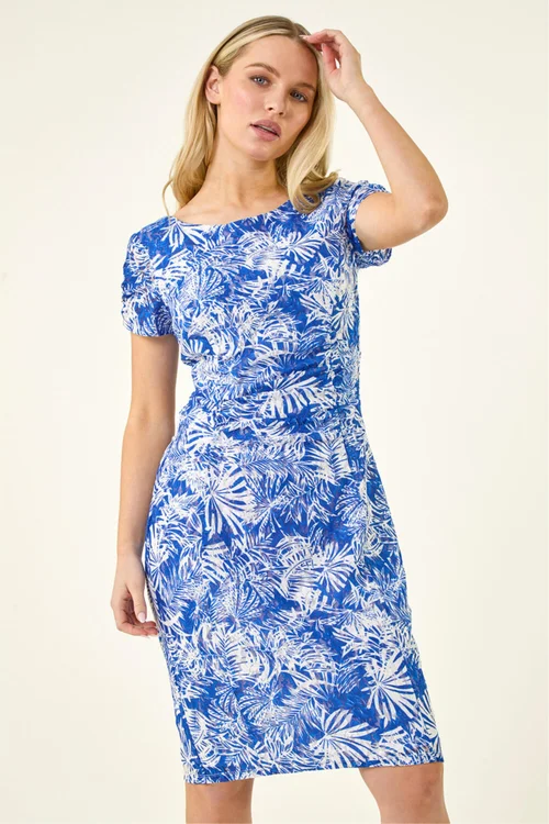 Roman Royal Blue Petite Lace Print Gathered Stretch Dress - 12 Image 2