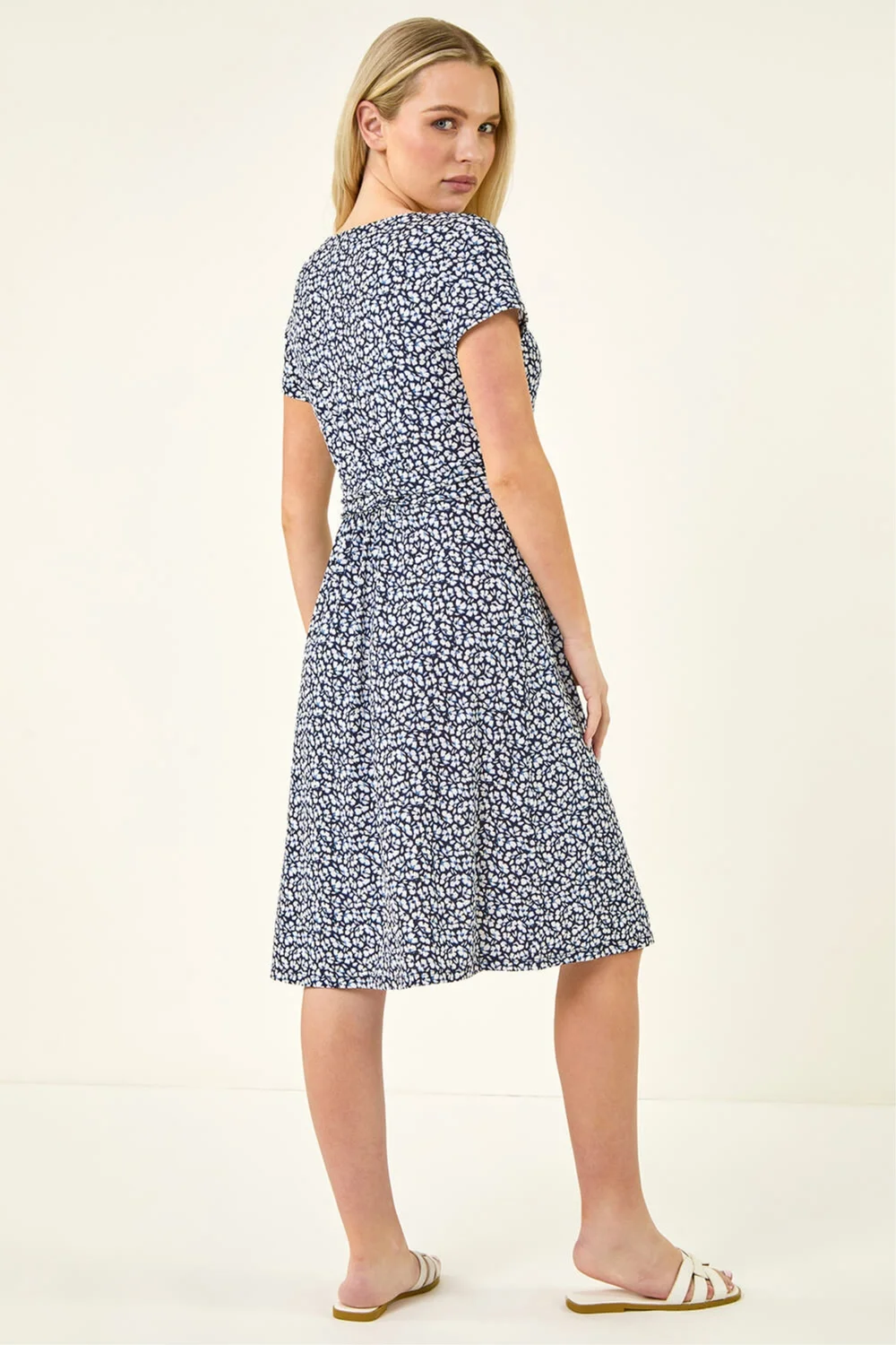 Roman Navy Petite Floral A-Line Stretch Dress - 14 Image 3