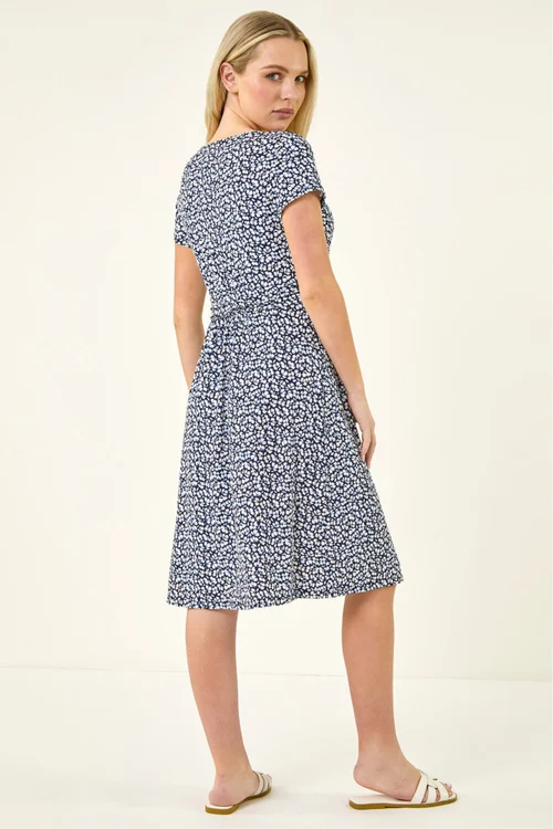 Roman Navy Petite Floral A-Line Stretch Dress - 14 Image 3