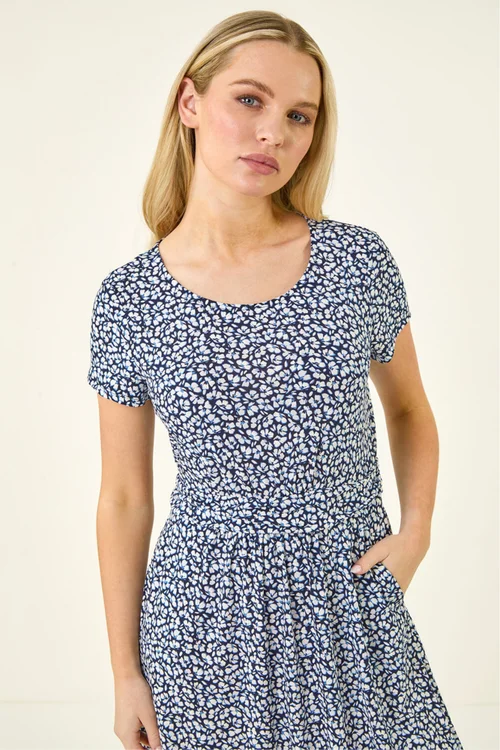 Roman Navy Petite Floral A-Line Stretch Dress - 14 Image 4