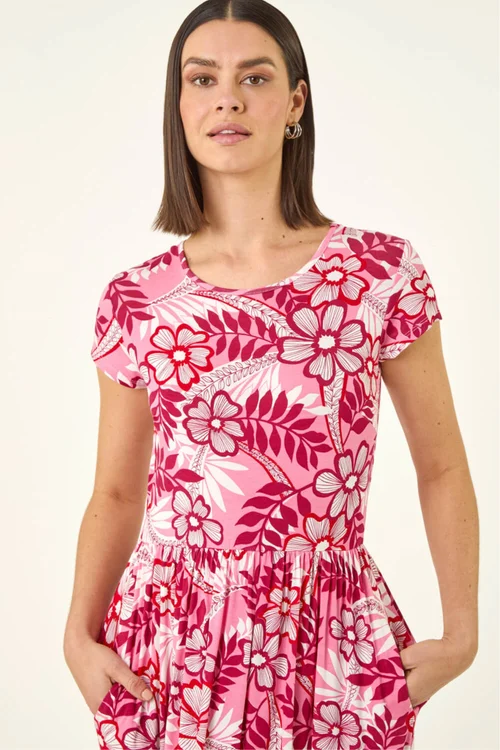 Roman Pink Floral Pocket Midi Dress - 10 Image 4