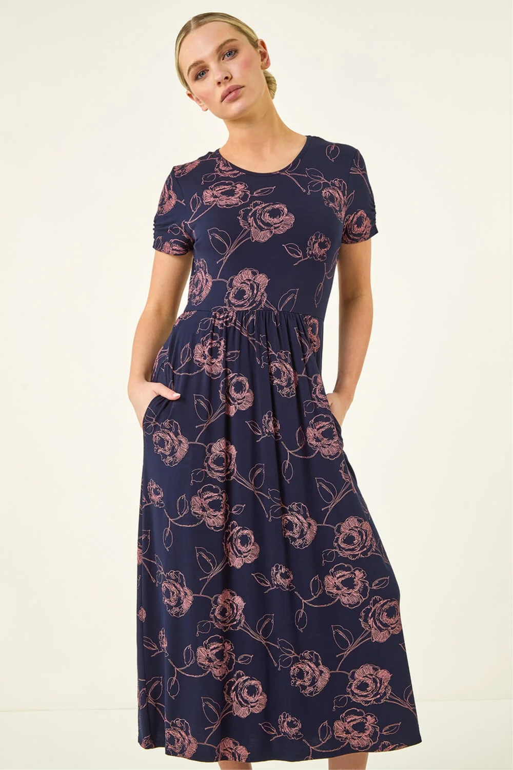 Roman Navy Petite Floral Gathered Dress - 12 Image 4