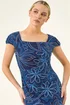Roman Royal Blue Petite Leaf Print Gathered Stretch Dress - 16 Image 4