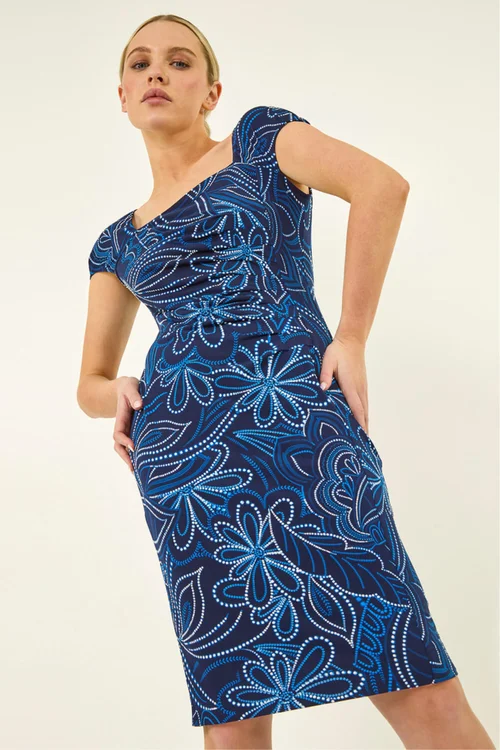 Roman Royal Blue Petite Leaf Print Gathered Stretch Dress - 16 Image 1