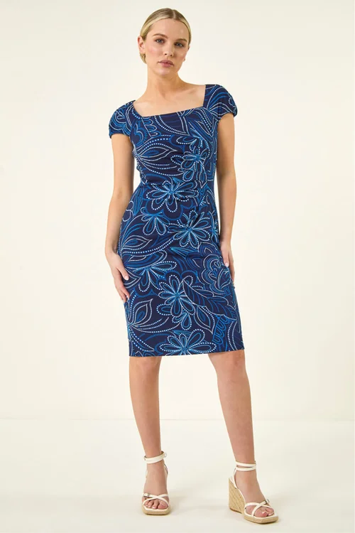 Roman Royal Blue Petite Leaf Print Gathered Stretch Dress - 16 Image 2