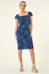 Roman Royal Blue Petite Leaf Print Gathered Stretch Dress - 16 Image 2