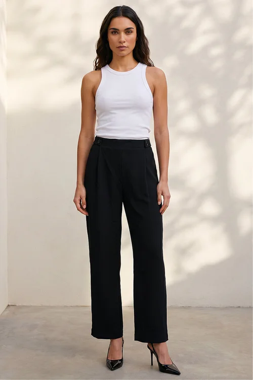 Roman Black Pleated Wide Leg Buttoned Trouser - 16 Image 1