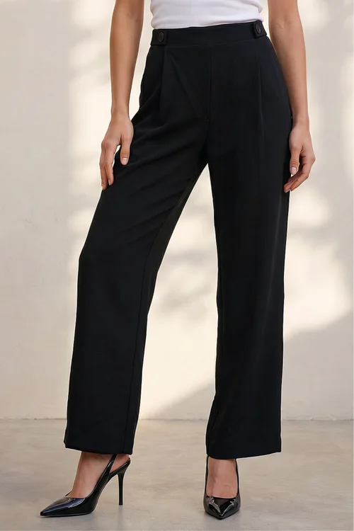 Roman Black Pleated Wide Leg Buttoned Trouser - 16 Image 2