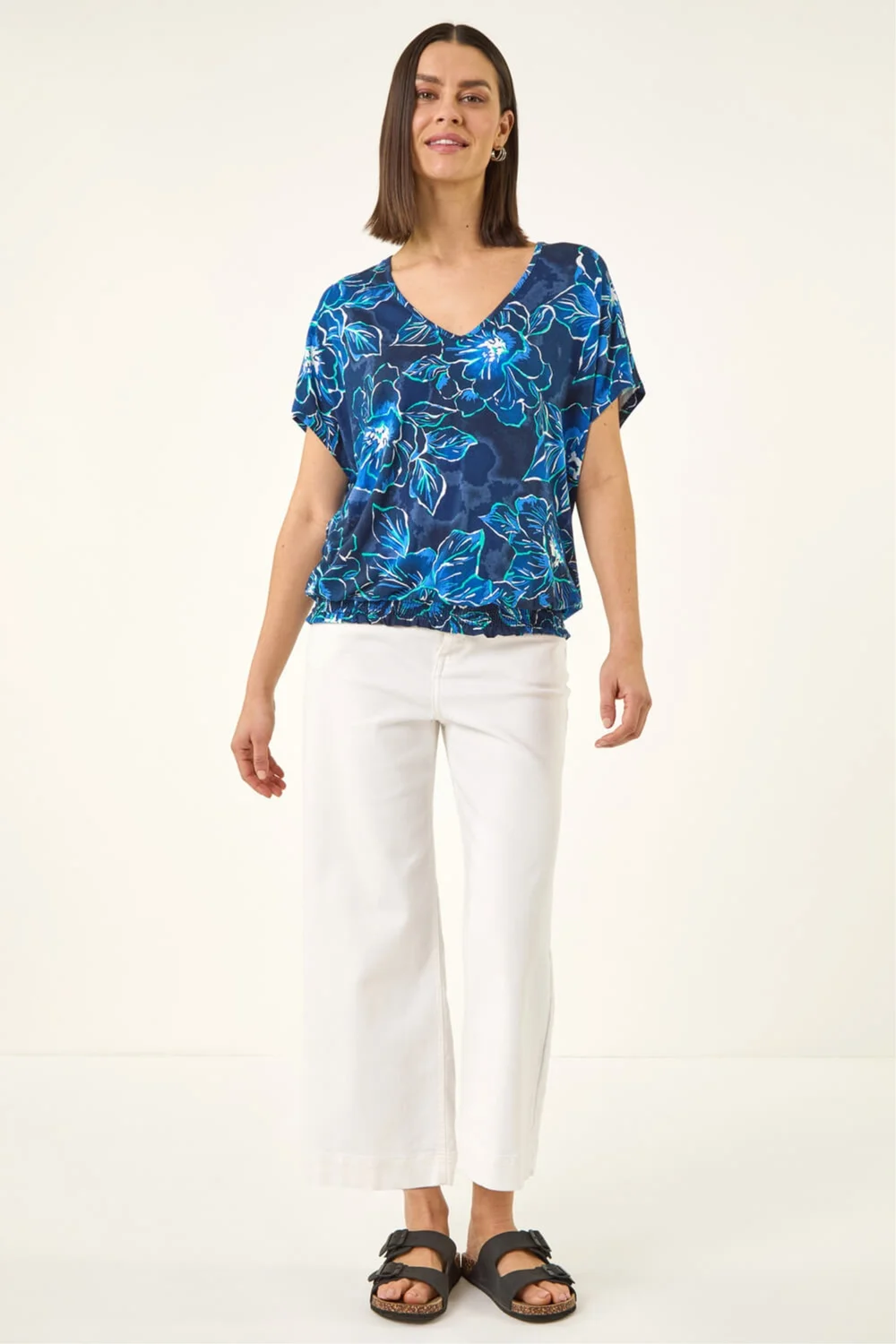 Roman Navy Floral Print V-Neck Stretch Top - 14 Image 3
