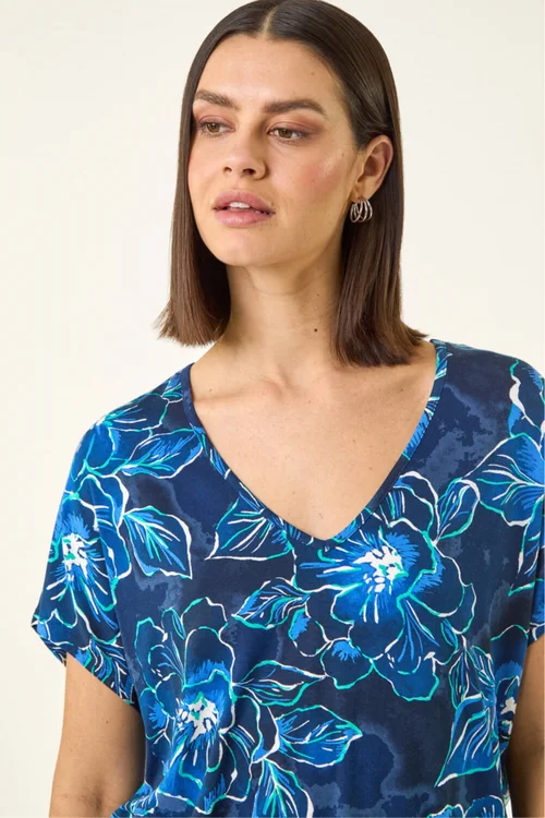 Roman Navy Floral Print V-Neck Stretch Top - 14 Image 2