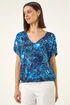 Roman Navy Floral Print V-Neck Stretch Top - 14 Image 1