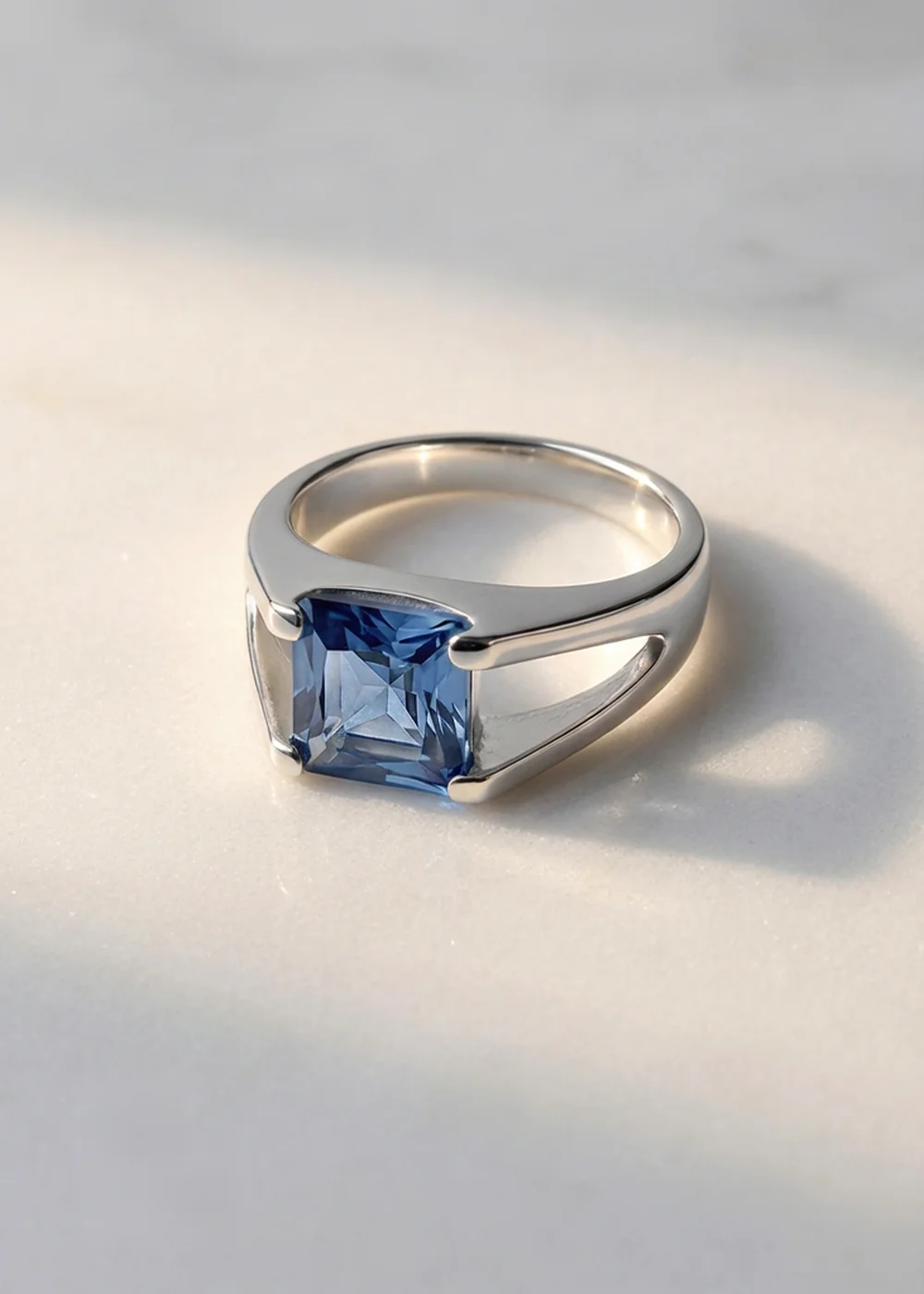 Golden Moments Sterling Silverand Blue Square CZ Split-Shoulder Ring - L Image 2
