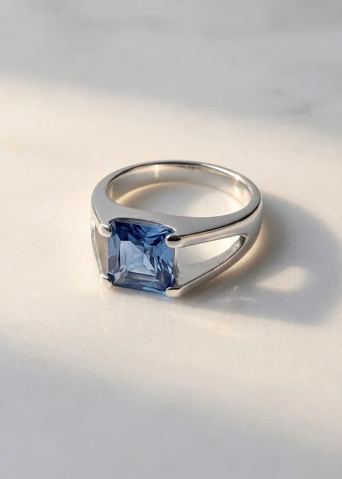 Golden Moments Sterling Silverand Blue Square CZ Split-Shoulder Ring - L Image 2