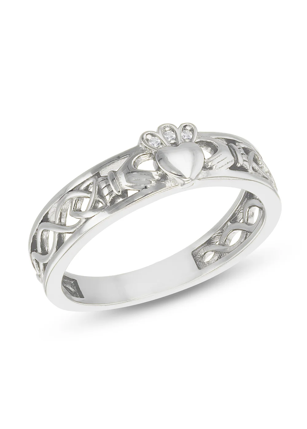 Golden Moments Sterling Silver Rhodium Plated CZ Claddagh Band Ring - L Image 1
