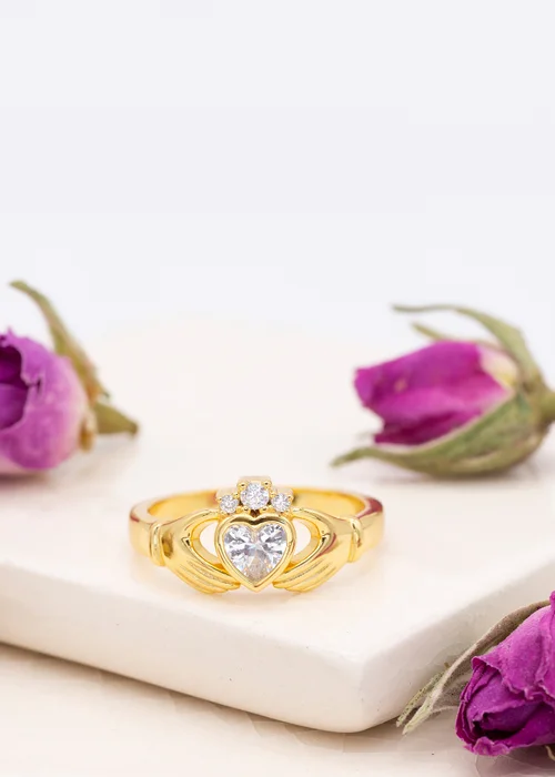 Golden Moments Sterling Silver Gold Plated Heart CZ Claddagh Ring - L Image 2