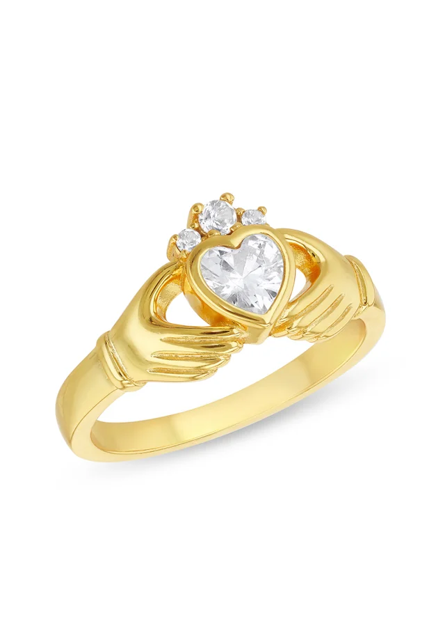 Golden Moments Sterling Silver Gold Plated Heart CZ Claddagh Ring